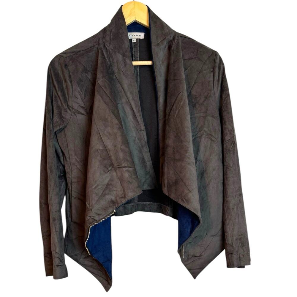 Adore Blue Gray Velvet Draped Asymmetric Zip Hi-Lo Hem Moto Jacket Small - Picture 3 of 11